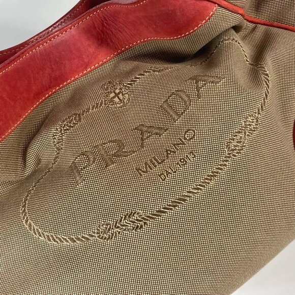 PRADA Bucket type Logo drawstring bag Shoulder Bag Leather/Canvas Beige/Red - Picture 13 of 16